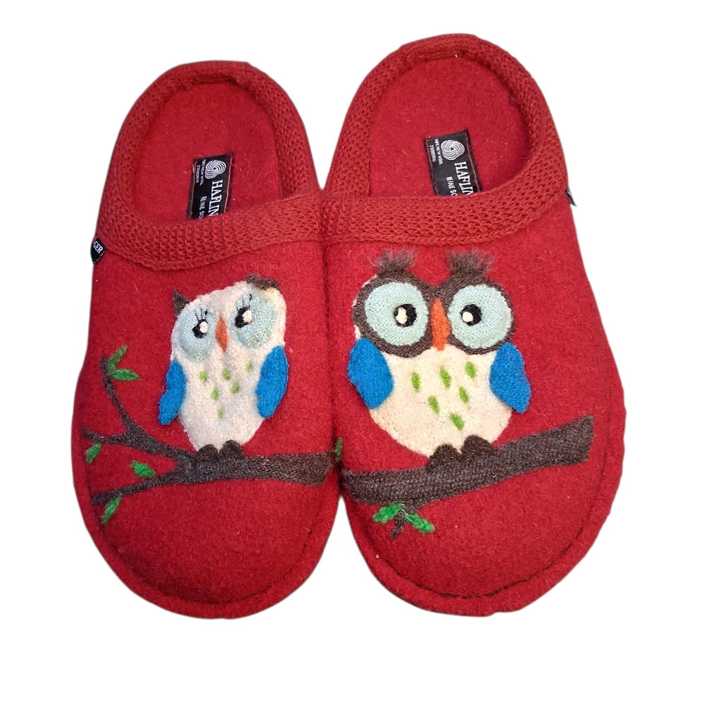 Haflinger Red Wool Owl Slippers | Size 38 | House Shoes | German Made